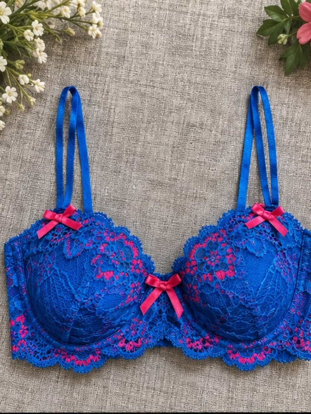 Adore Me 38B Blue Pink Lace Underwire Lightly Padded Bra